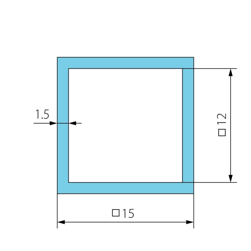 Труба алюм. 15 х 15 х 1,5мм, анод. срібло, 2м — креслення
